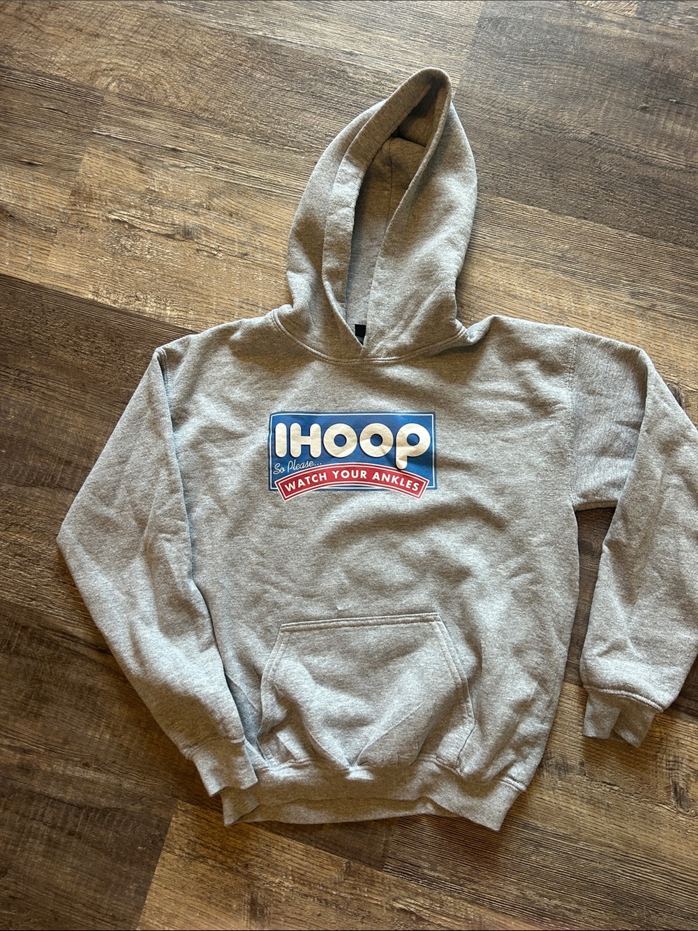 Gildan Gray Hoodie with Blue, Red and White Graphic-I Hoop